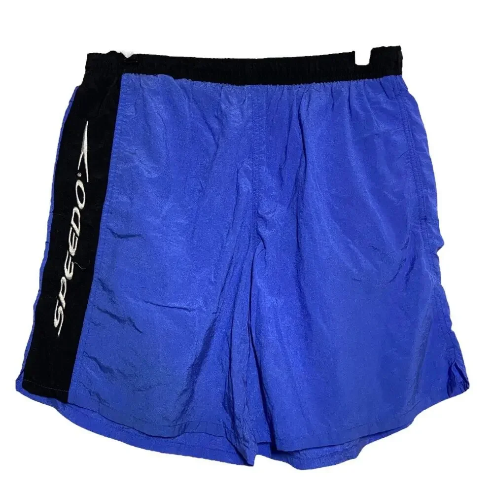 Vintage Speedo Swim Trunks 90s Pocket Mesh Lined Drawstring Blue Black 32